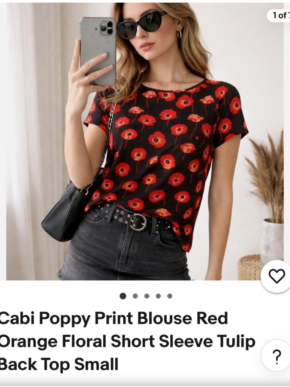 CAbi Black Short-Sleeve Blouse with Red Floral Print